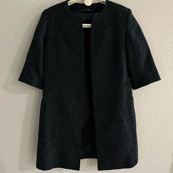 Tahari Long Jacket Black Tweed Duster Office Short Sleeve Career Women’s Size 8 - Picture 5 of 16
